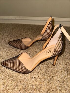 Vince Camuto Maveena nude and black fishnet pumps